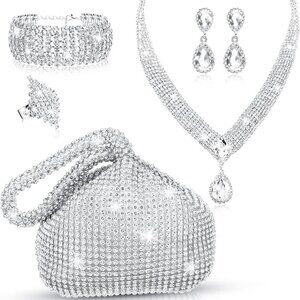 5 Pcs Silver Clutch Purses for Women Evening Rhinestone Jewelry Set Bling Clutch